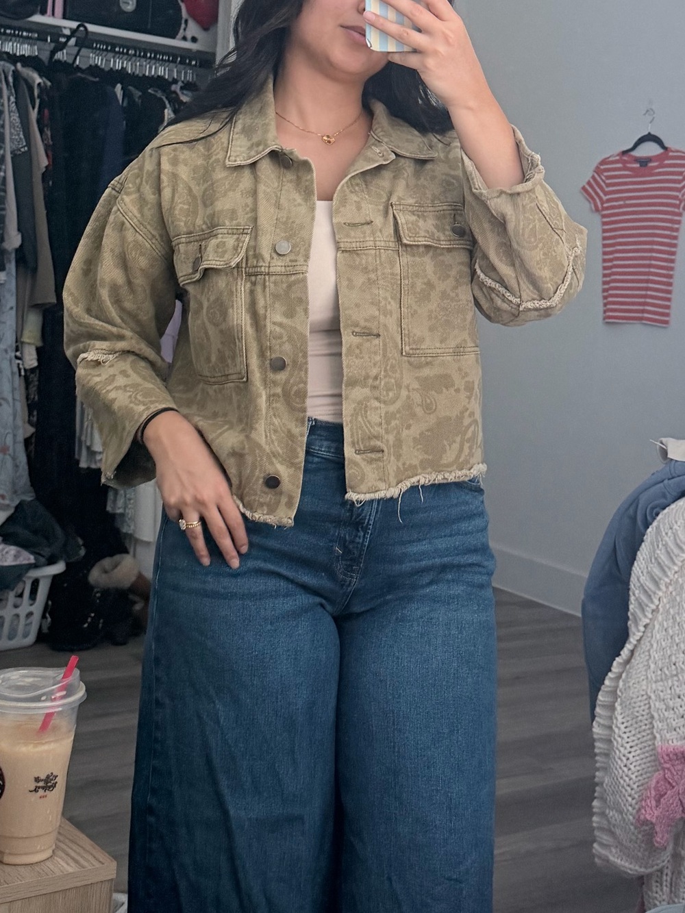 Women Olive Paisley Denim Jacket
